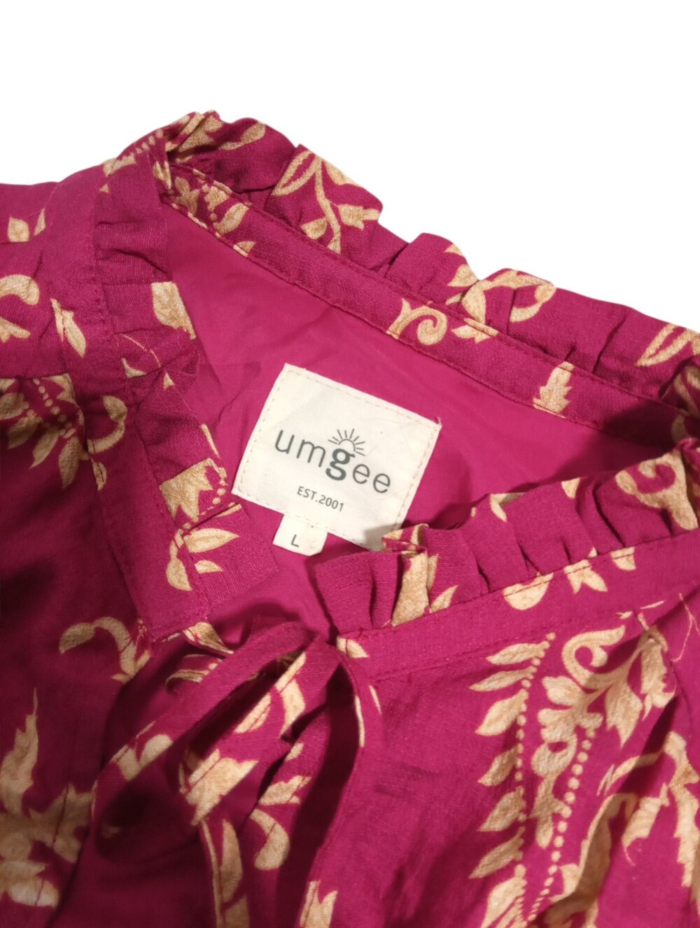 Umgee Pink Floral Midi Dress Sz L Smocked Waist Tie Neck Boho Cottagecore Tiered - Picture 4 of 9